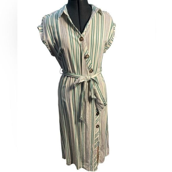 Lulus Back to Classics Green and White Striped Midi Shirt Dress Linen Blend S - Picture 2 of 14